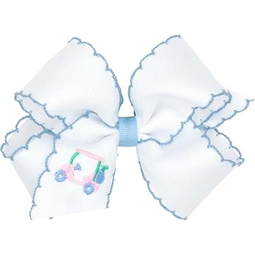 Wee Ones Girls' Grosgrain Country Club Embroidery Hair Bow with Moonstitch Edge on a WeeStay Hair Clip, Handmade, Medium, Golf Cart