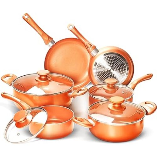 FRUITEAM 10pcs Cookware Set Ceramic Nonstick Soup Pot/Milk Pot/Frying Pans Set | Copper Aluminum Pan with Lid, Induction Gas Compatible, 1 Year Warranty Mothers Day Gifts for Wife…