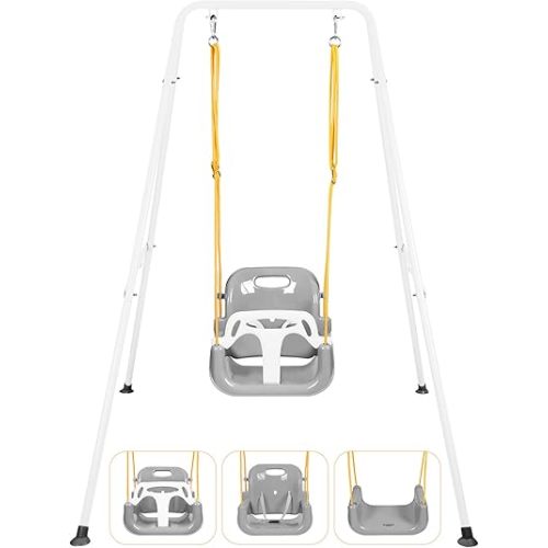 3-in-1 Toddler Swing, Foldable Indoor & Outdoor Baby Swing, Multifunctional Swings for Children 6 Months and Older, Easy to Assemble and Store for Backyard Play (White)