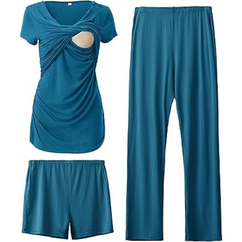 SUNNYBUY Women's Maternity Postpartum Pajamas Set, Breastfeeding Tops，Adjustable Pregnancy Shorts & Pants 3 Piece Nursing PJS