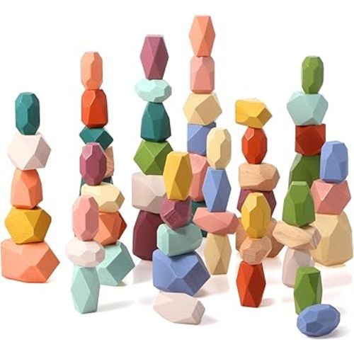 Jenaai 60 Pcs Stacking Rocks Montessori Toys for 1+ Year Old Colorful Wooden Balance Stones Baby Easter Basket Stuffers Blocks Sensory Games Preschool Learning Educational Puzzle Toys(Morandi Color)