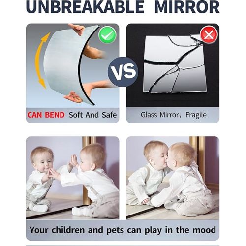 Shatterproof Kids Wall Mirror Tiles - 4 Pcs 10"x10" Self-Adhesive Acrylic Mirror, Safe Unbreakable Plastic for Toddle fs, Small Frameless Mirror, Long Plexiglass for Classroom and Childroom