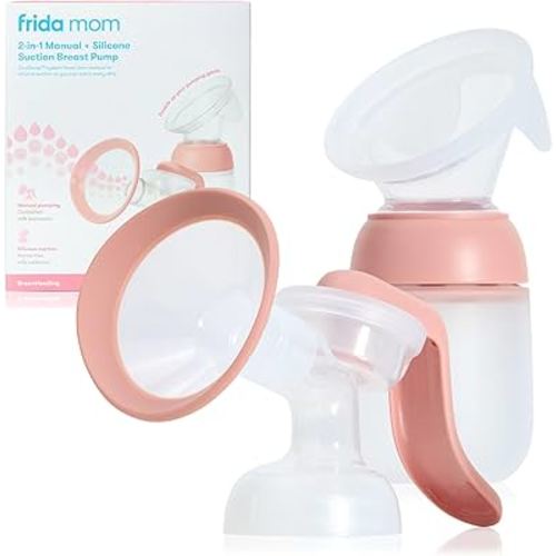 Frida Mom 2-in-1 Manual Breast Pump with Hands-Free Silicone Suction Cup, Milk Collector, Wireless Ergonomic Handle, and SoftFeel Flange for Breastfeeding