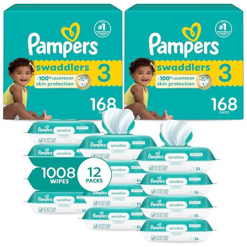 Pampers Swaddlers Disposable Baby Diapers Size 3, 2 Month Supply (2 x 168 Count) with Sensitive Water Based Baby Wipes 12X Multi Pack Pop-Top and Refill (1008 Count)