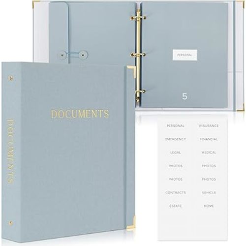 Aesthetic Document Organizer - Sturdy Linen 3-Ring Binder Safely Stores All Your Important Documents and Files in One Place - Easy to Use Expanding Storage Folder Incl. Envelopes, Pockets & Labels