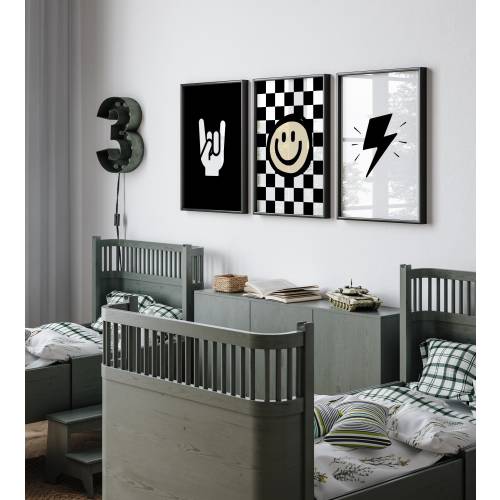 Checkered Smile Face Poster: Lightning Bolt, Rock Hand Print (Digital Download)