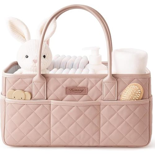 Konssy Quilted Diaper Caddy Organizer, Diaper Caddy Basket with Vegan Leather Handles, Portable Nursery Storage Basket, Water-Repellent Car Organizer, Registry Search Must Haves (Blush Pink)