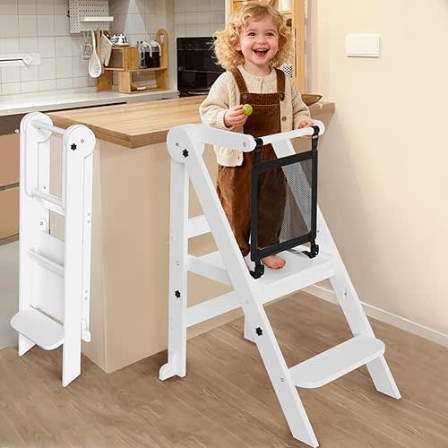 Foldable Toddler Tower, 3 Adjustable Height Toddler Standing Tower, Wooden Kids Kitchen Stool Helper with Safety Rails, Space Saving Kids Step Stool - Ages 18 Months to 6 Years