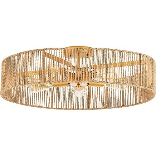 24" Natural Rattan Flush Mount Ceiling Light Fixture Antique Brass Brush Paint Finish Boho Chandelier for Porch Patio Hallway Bedroom Living Room Kitchen Island 5-Light