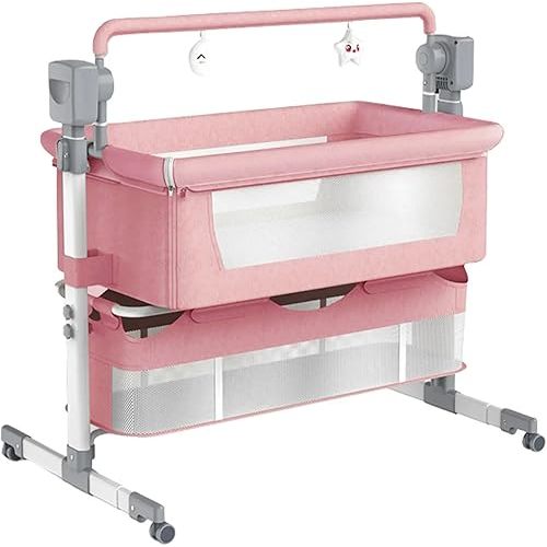 Baby Bedside Crib, Multifunctional Convertible Bassinet for Co-Sleeping, Infant Bedside Sleeper, Foldable Bedside Cot, Toddler Cradle with Bluetooth Music, 5 Swaying Gears, Remote Control (601-Pink)