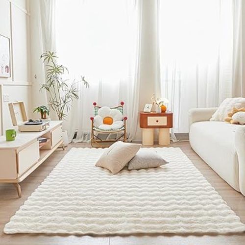 White Rabbit Plush Area Rug for Bedroom Living Room Sofa,5'X8' Faux Fur Fluffy Shaggy Rectangular Square Rug for Kids Teen Girls Room,Furry Carpet Rug for Nursery Baby Room Decor for Teenage