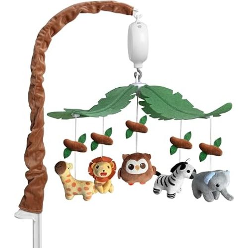 Crib Mobile for Baby, Green & Brown Safari Jungle Theme, Mobile for Crib with 35 Lullabies & 3 Modes Rotating Music Box, Nursery Decoration for Infant Boys and Girls