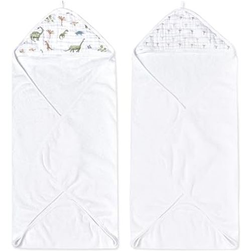 aden + anais Essentials Hooded Baby Bath Towel, Super Soft 100% Cotton, 2 Pack, Dino Jungle