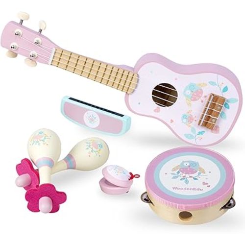 Kids Guitar for Girls, Wooden Musical Instruments Toys with Ukulele, Tambourine, Maracas, Harmonica, Mini Band Sets for Toddlers 2 3 Years Old Birthday Gift (Pink for Girls)