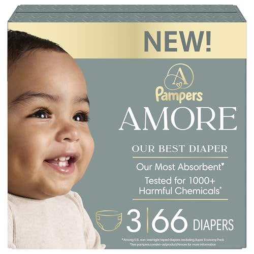 Pampers Amore, Size 3 (13-26 lbs), 66 Count, Our Best Diaper – Hypoallergenic & Fragrance Free, Up to 100% Leakproof, Soft as Cashmere
