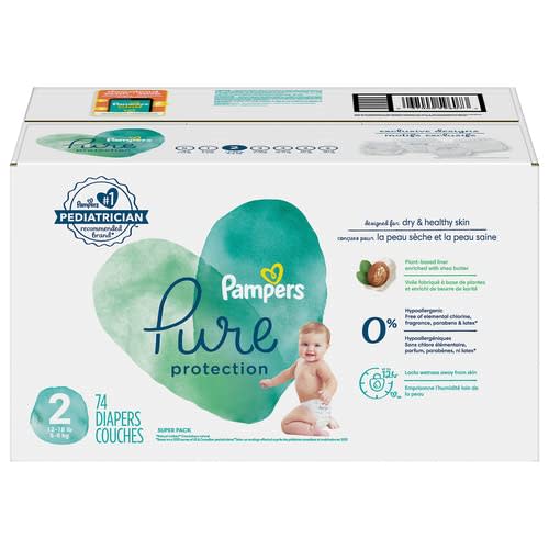 Diapers Size 2, 74 Count - Pampers Pure Protection Disposable Baby Diapers, Hypoallergenic and Unscented Protection, Super Pack (Packaging & Prints May Vary)