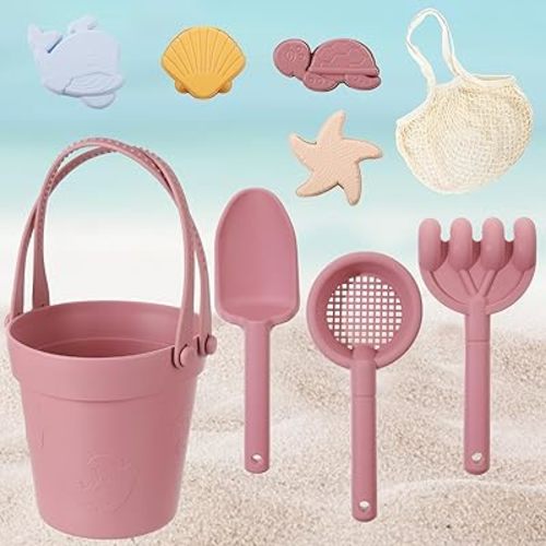 MEWTOGO Silicone Beach Sandbox Toys Set for Toddlers 1-3, Girls Baby Toys with Shovel Portable Beach Bag, Kids Beach Bucket with Sand Toy Molds for Outdoor Summer Playset Travel (Pink, 9Pcs)