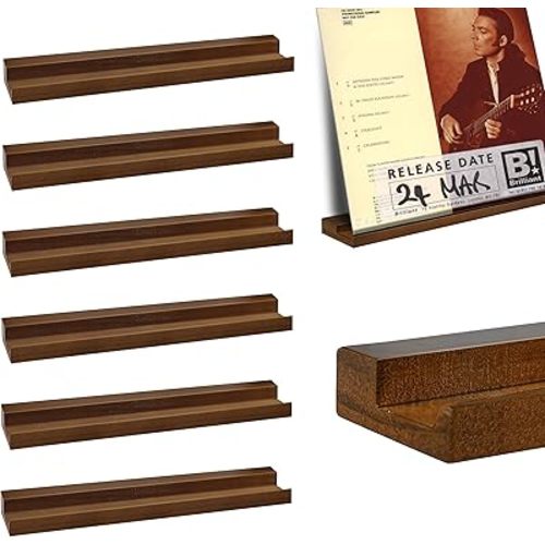 Vinyl Display Shelf, 6 Pack Walnut Stain Finish Vinyl Record Wall Shelf, Vintage Record Shelves for Wall, Album, Art Works Storage, Magazine Shelves, Wood Record Holder Wall Mount for Decor Gifts