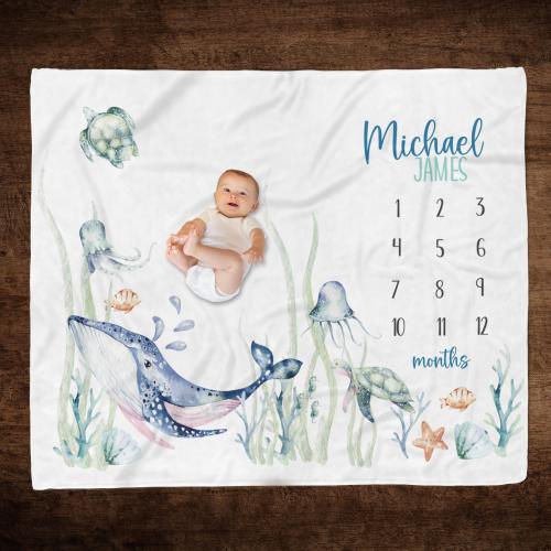 Under the Sea Baby Milestone Blanket, Whale Baby Blanket, Ocean Nursery, Boy Milestone, Track Baby Growth, Personalized Boy Growth Blanket