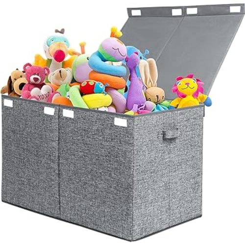 popoly 122L Large Toy Chest Box with Lid, Foldable Toy Storage Organizer Bin Boxes with Removable Divider for Kids, Boys, Girls, Nursery, Playroom, 26"x17" x17"(Linen Gray)