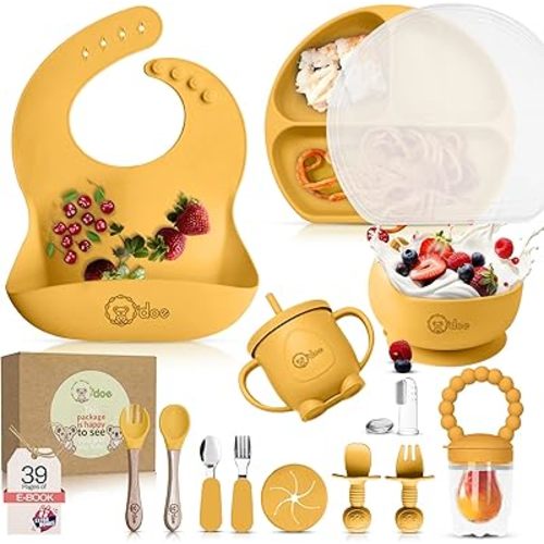 O'doe 17-Piece BPA-Free Silicone Baby Feeding Set | Thick & Soft Suction Plates, Baby Bowls, Wooden Fork & Spoon, and More | Make Mealtime Fun and Easy for Your Little One (Yellow, V2)