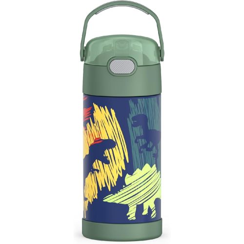 THERMOS FUNTAINER Water Bottle with Straw - 12 Ounce - Kids Stainless Steel Vacuum Insulated Water Bottle with Lid, Dinosaurs