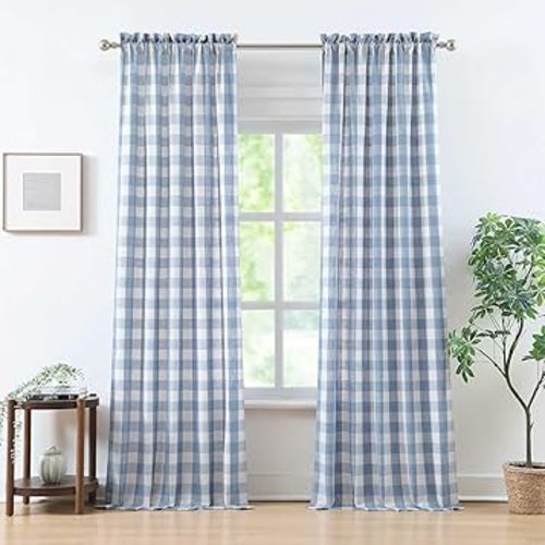 Beige-Dusty Blue Buffalo Check Curtains 95 Inches Length,Farmhouse Semi Sheer Drapes 8 FT for Bedroom Living Room,Buffalo Plaid Window Treatment,Rod Pocket,40" Wx95 Lx2,Beige-Dusty Blue