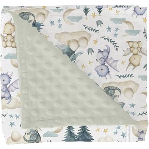 Fairytale Dragons Baby Blankets for Girl Boy Cute Dragon Moon Stars Clouds Trees Eggs Soft Mink with Dotted Backing Double Layer Swaddle Blanket for Toddler Nursery Fantasy Animal Bed Blanket 30x40