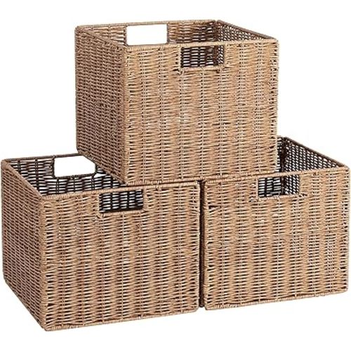 12X12X10in Plastic Wicker Storage Basket, Collapsible Wicker Cube Storage for Shelves, Woven Plastic Storage Basket for Pantry, Bedroom, Living Room, Bathroom, Shelves(Natural)
