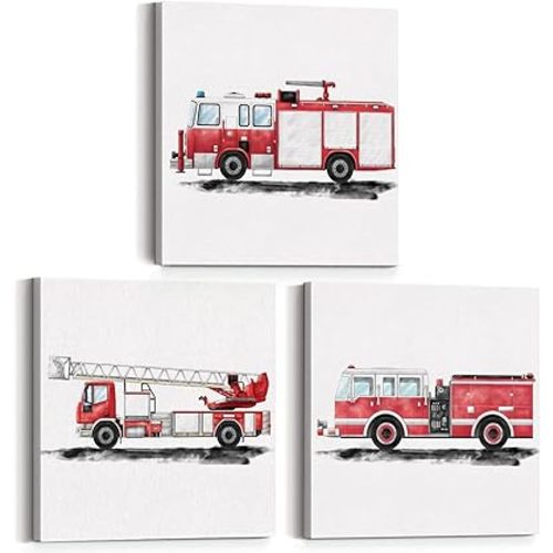 Yuzi-n Set of 3 Fire Truck Nursery Transportation Art Posters Canvas Wall Art & Tabletop Home Kids Bedroom Decoration, Watercolor Fire Engine Firetruck Prints Easel & Hanging Hook 12x12 Inch