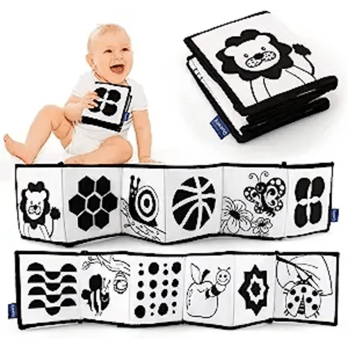 KaPing My First Black and White High Contrast Soft Book for Baby, Infant Tummy Time Cloth Book Toys, Black and White Baby Cards, Folding Educational Activity Cloth Book Suitable for Boys Girls Toddler