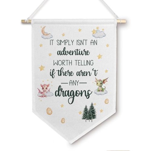 BlissfulAbon Dragon Nursery Decor - Baby Boy Nursery Canvas Banner, Kids Room Decor Hanging Pennant Flag, Dragons Poster, 11 X 15 Inch