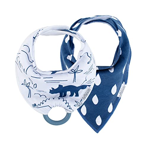 Dr. Brown’s Bandana Bib with Snap-On Removable Teether, Cotton Baby Bib with Soft Fleece Lining for Teething & Drooling, 3m+, 2-Pack, Dinosaur & Blue Drops