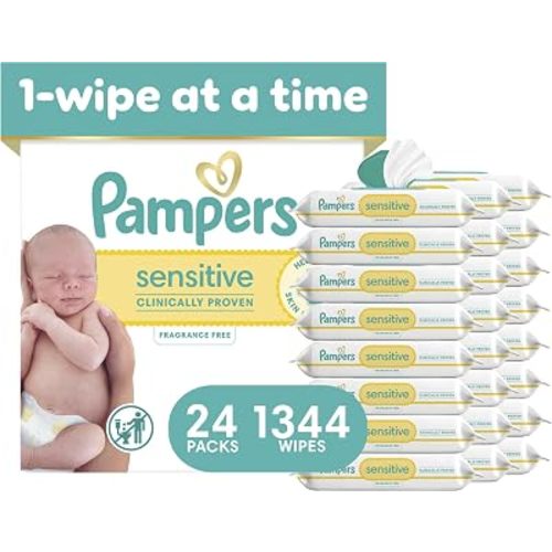Pampers Sensitive Baby Wipes, Unscented, Fragrance Free, Clinically Proven, Water Based, Hypoallergenic, Multi-Use, Hand Wipes, 1344 Wipes Total (24X Flip-Top Packs)