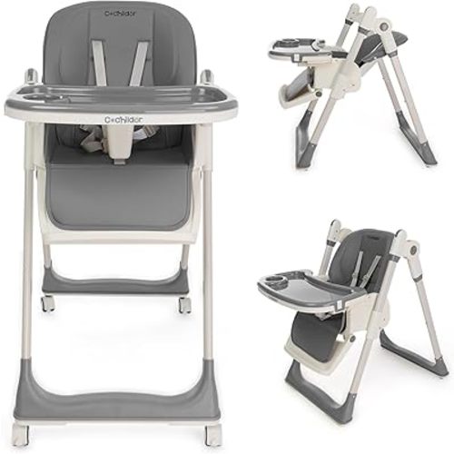 3 in 1 Foldable High Chair for Baby, Adjustable Heights Toddler High Chair with 5 Point Harness, Tray, Foot Rest and Wheels, Grey