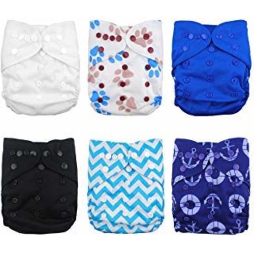 Babygoal Cloth Diaper Covers for Fitted Diapers and Prefolds with Double Gusset,Adjustable Reusable for Baby Boys, 6pcs Covers+One Wet Bag 6DCF02
