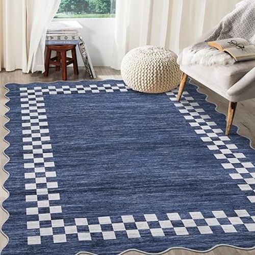 GarveeHome 4x6 Area Rug Small Washable Living Room Rug Scalloped Rug with Rubber Backing Stain Resistant Low Pile Dining Room Throw Carpet Modern Bordered Mat for Bedroom Kitchen, Blue