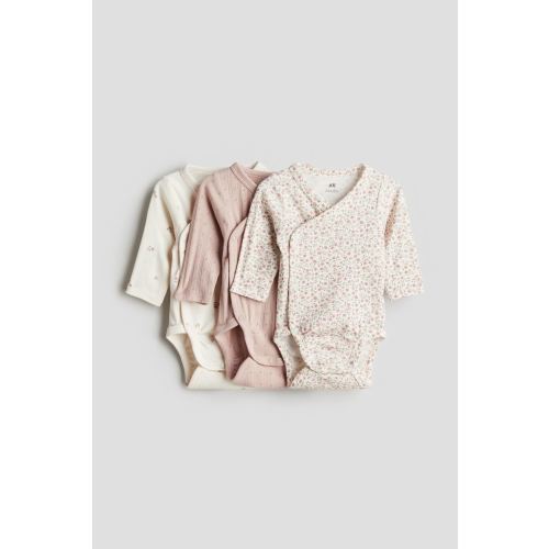 3-pack Wrapover Bodysuits, V-neck, Long sleeve, Dusty pink/floral
