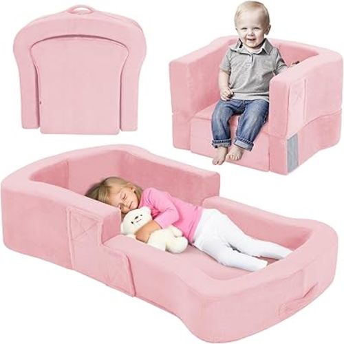 Portable Toddler Travel Bed, 2-in-1 Foldable Toddler Bed Sofa Chair, Soft Baby Kids Travel Floor Cot with Washable Covers Safety Foam Raised Bumper for Grandma's House Road Trips Camping Hotel (Pink)