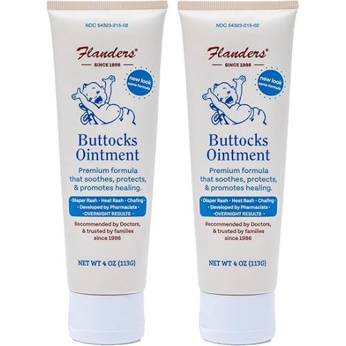 Flanders Buttocks Ointment - Diaper Rash Cream for Treatment & Prevention, Pharmacist Developed, Heat Rash & Chafing in Infants to Adults, Instant Relief (2 Pack of 4oz Tubes)