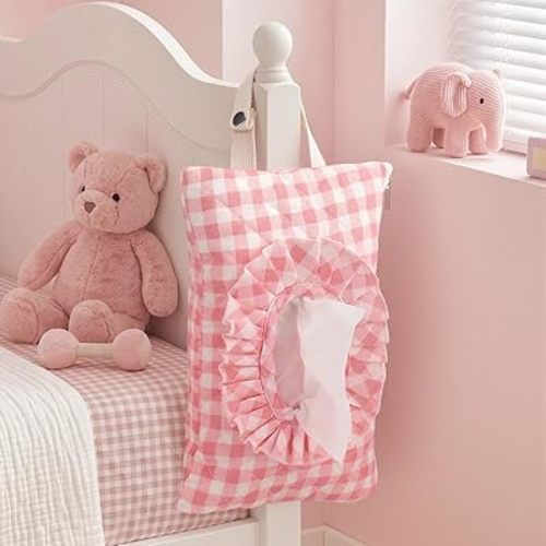 Quilted Diaper Wipe Pouch Pink Ruffle Gingham Wipe Holder Portable Hanging Diaper Wet Tissues Bags Reusable Fabric Cover with Zipper & Lanyard for Stroller, Outdoor Travel
