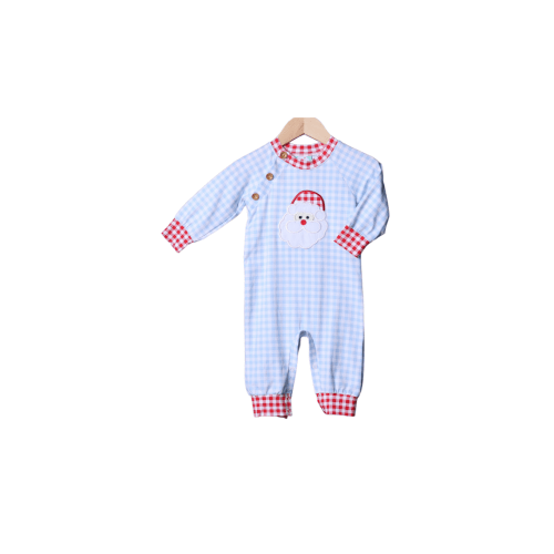 Santa Applique Blue Gingham Romper