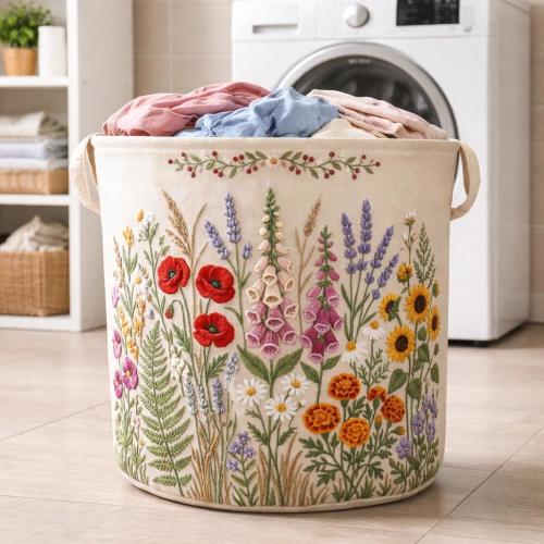 Floral Quilted Laundry Basket, Colorful Wildflower Hamper, Storage Bin for Laundry, Decorative Laundry Basket, Gift for Her