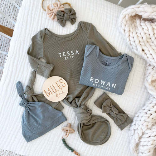 Personalized Bamboo Newborn Baby Knot Gown | Nature Neutrals - Block