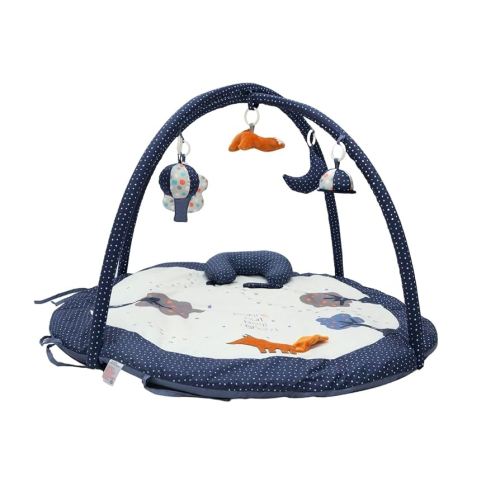 Baby Play Gym Mat & Activity Mat - 100% Cotton Soft Playmat with 6 Detachable Toys for Tummy Time, Machine Washable, Sensory Development Gift