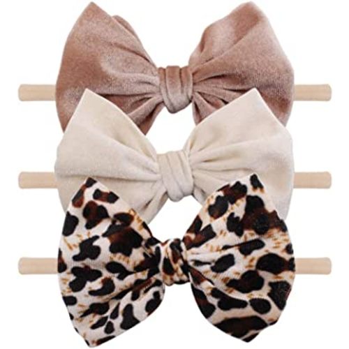 YanJie Velvet Baby Girl Bows Headband Leopard Baby Bows Newborn Handmade Baby Headbands Nylon Hairbands Hair Accessories for Infant Toddlers Kids(4.5 leopard Beige Khaki)
