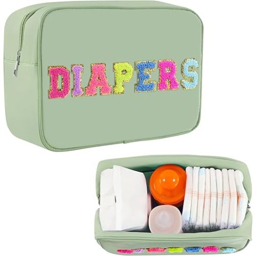 Small Diaper Bag, Chenille Letter Diaper Caddy Organizer Pouch Newborn Baby Essentials Must Haves for Nursery Changing Table, Sage Green Waterproof Diaper Pail Baby Shower Gifts for Mom To Be
