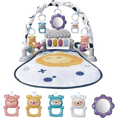 Baby Play Gym Mat, Baby Gym Activity Center, Kick and Play Piano with Music and Light, Tummy Time Toys for Newborn Babies Infants Boys Girls 0-3-6-9-12 Months (Grey)