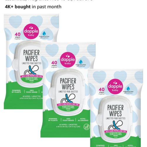 Dapple Pacifier Wipes, for Baby and Toddlers, Diaper Bag Essentials, Fragrance Free 40 Ct, Pack of 3