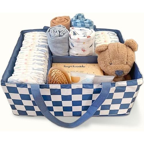 Tiny Twinkle Diaper Caddy Organizer | Foldable Baby Storage Basket with Removable Divider | Waterproof & Mess-Proof Fabric, Portable Nursery Organizer for Newborn Essentials (Blue Checkers)